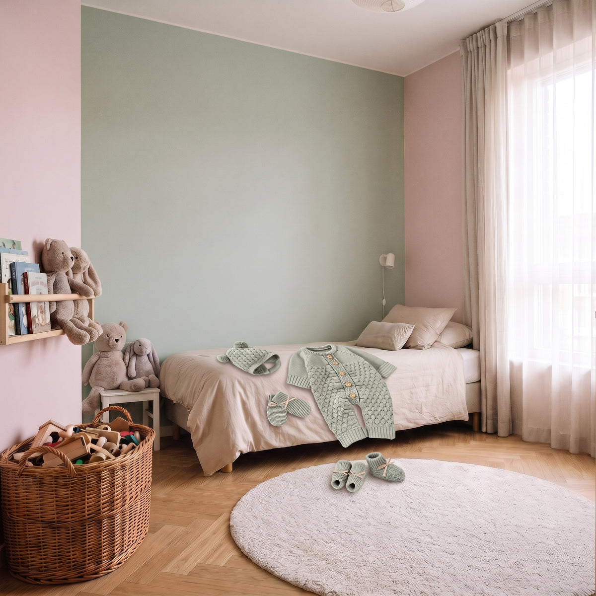 Barboteuse tricot vert d'eau et ses accessoires sur le lit