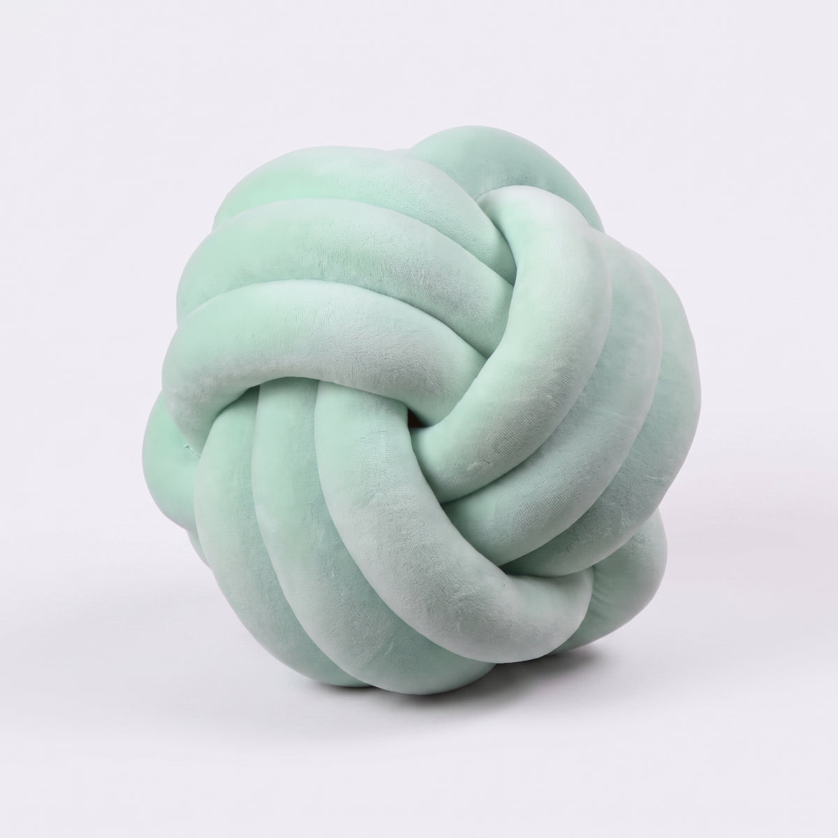 Coussin nœud en velours vert d'eau, boule tressée de 20 cm