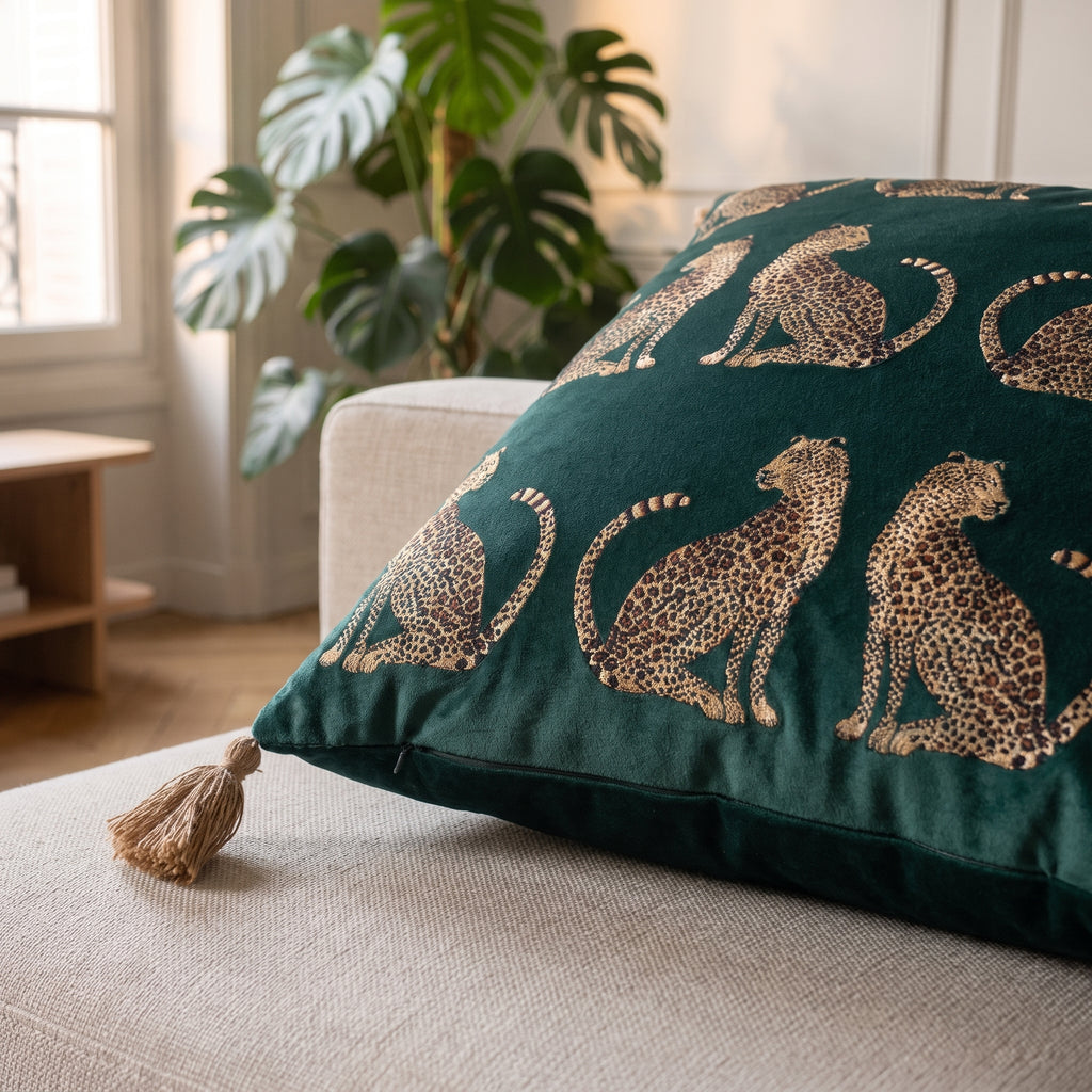 Détail du velours vert canard et du pompon d'angle de la housse de coussin léopard