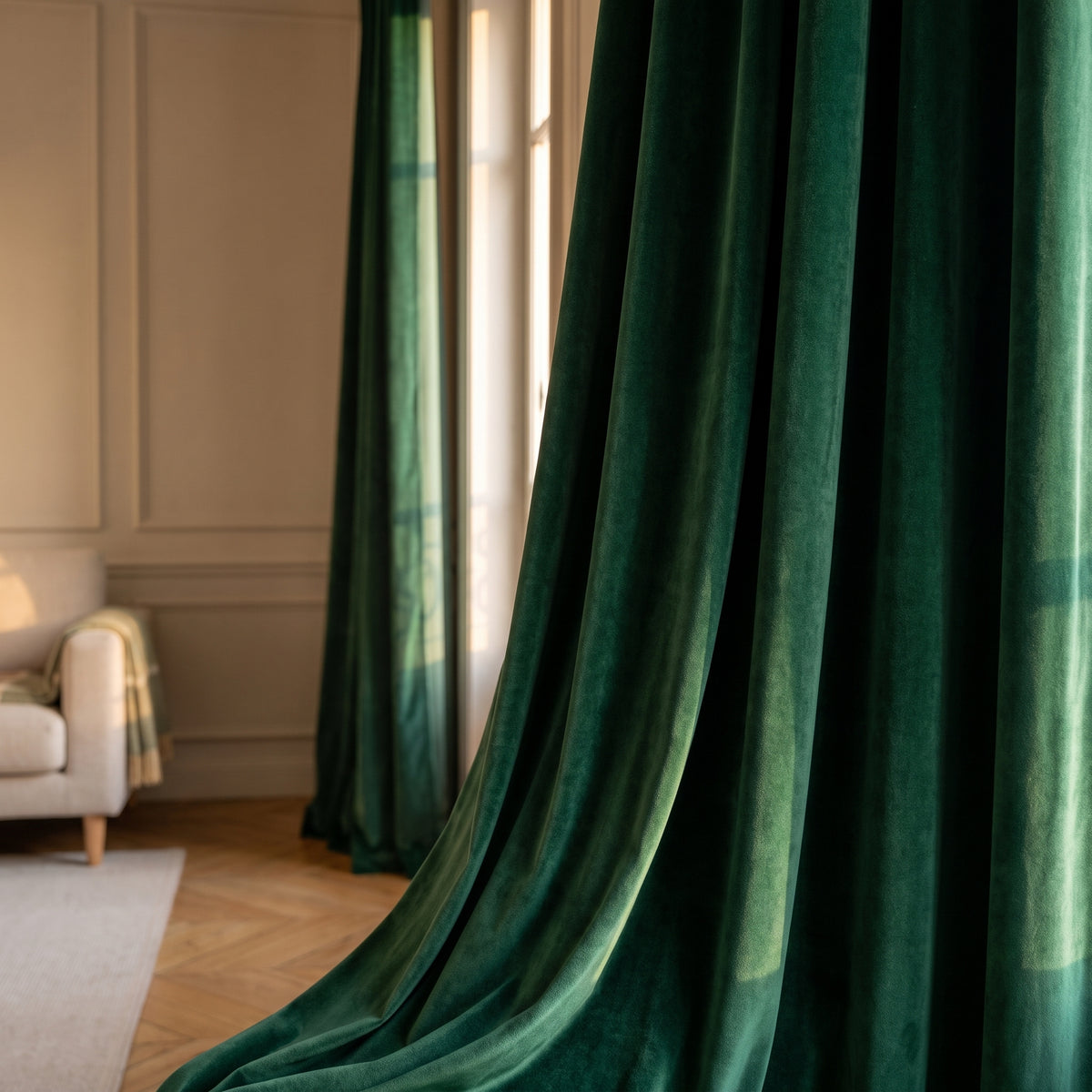 Détail rapproché du rideau vert, plis et retombée éclairés par la lumière latérale