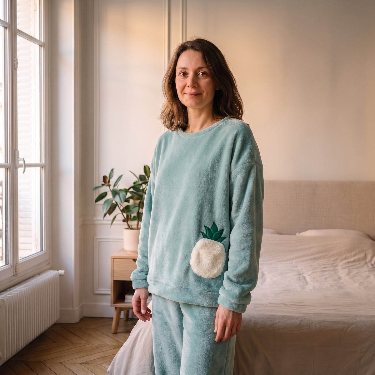 Femme portant le pyjama d'hiver vert d'eau uni dans une chambre lumineuse
