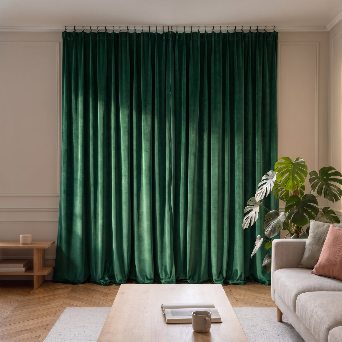 Deux pans de rideau vert fermés devant une fenêtre entière, retombée visible jusqu'au parquet
