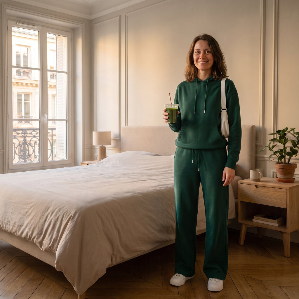 Ensemble jogging femme vert foncé porté dans un intérieur lumineux
