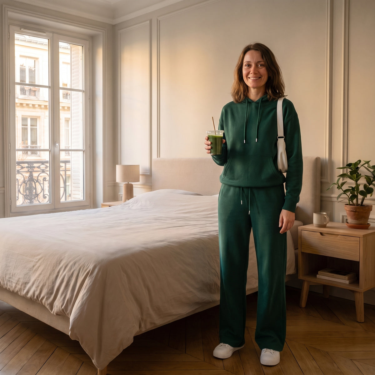 Ensemble jogging femme vert foncé porté dans un intérieur lumineux