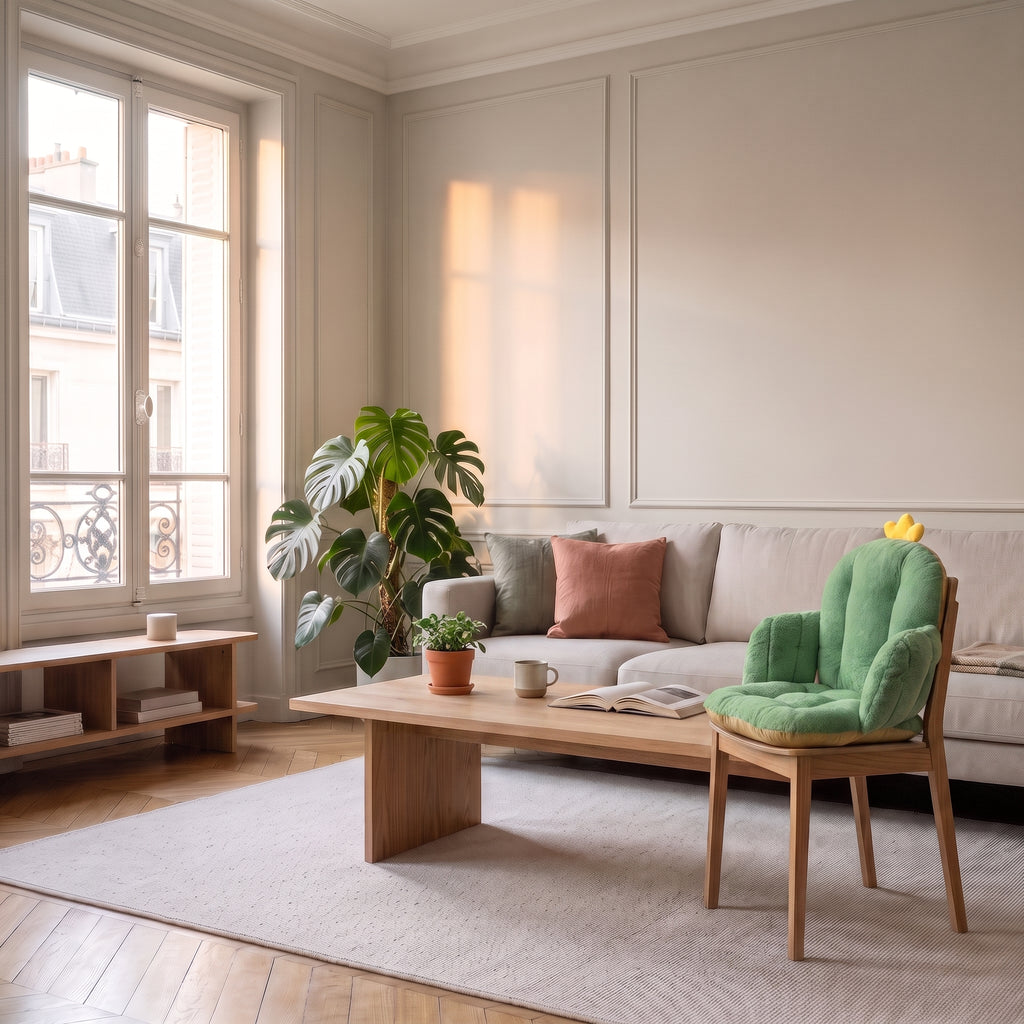 Coussin de chaise vert intense avec petite couronne, installe sur une chaise en bois du coin repas