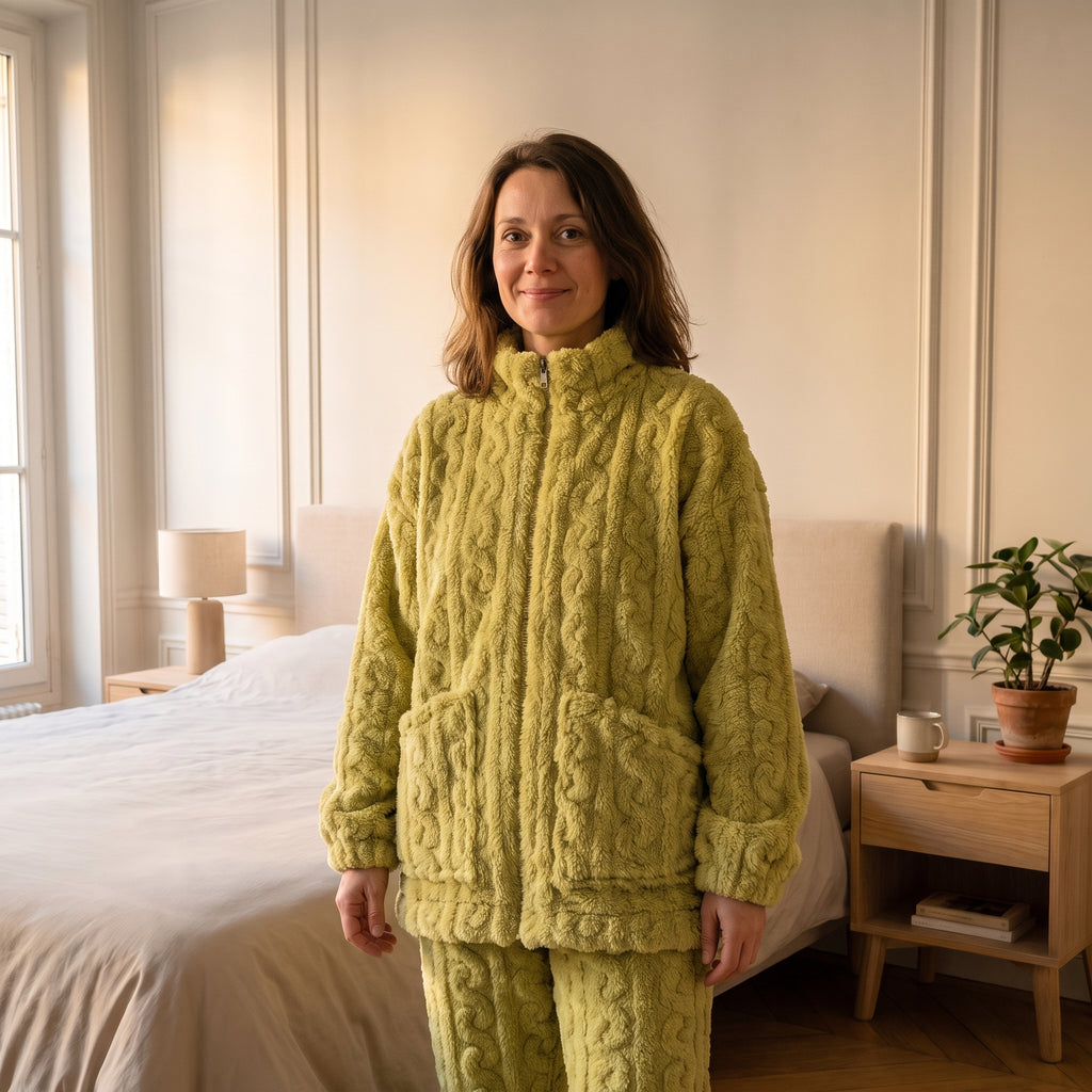 Pyjama polaire femme vert ample porté avec pantalon assorti