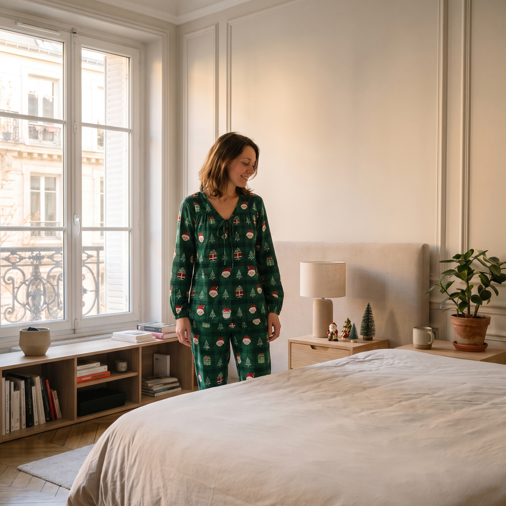 Pyjama de Noël femme vert à sapins et Père Noël porté dans une chambre lumineuse