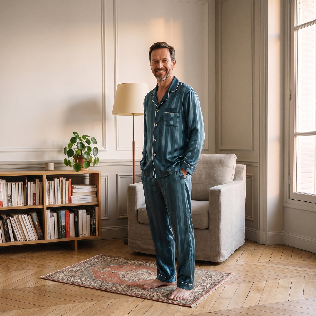 Homme du casting portant le pyjama vert dans le coin lecture