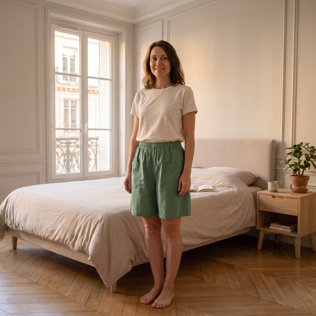 Short femme ample vert porte en pied, visage entier dans le cadre