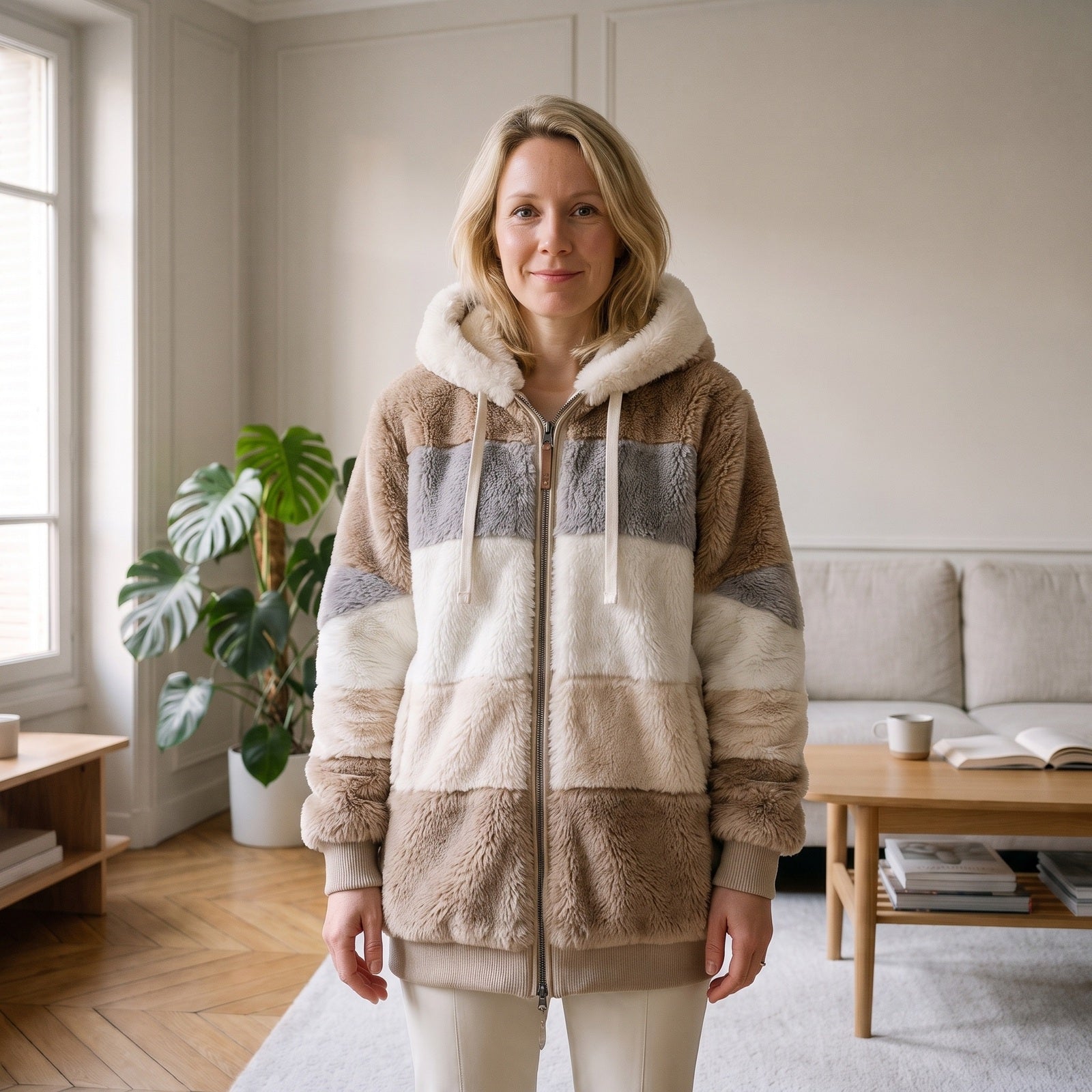Veste marron en fausse fourrure portée de face dans un intérieur lumineux, capuche blanche et panneaux gris, blanc et crème Image