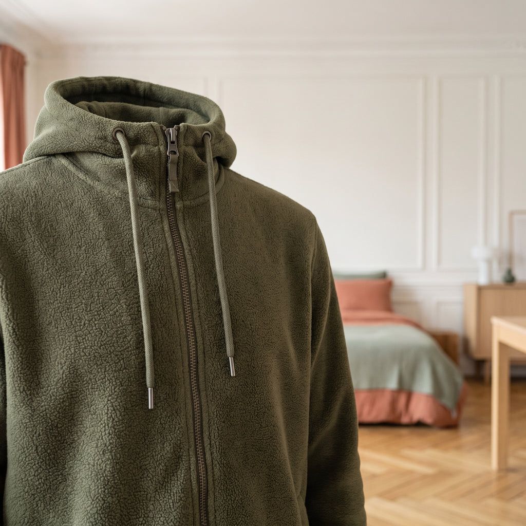 Gros plan sur la fermeture et les cordons de capuche de la veste vert kaki