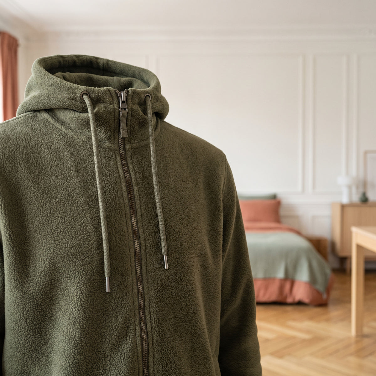 Gros plan sur la fermeture et les cordons de capuche de la veste vert kaki