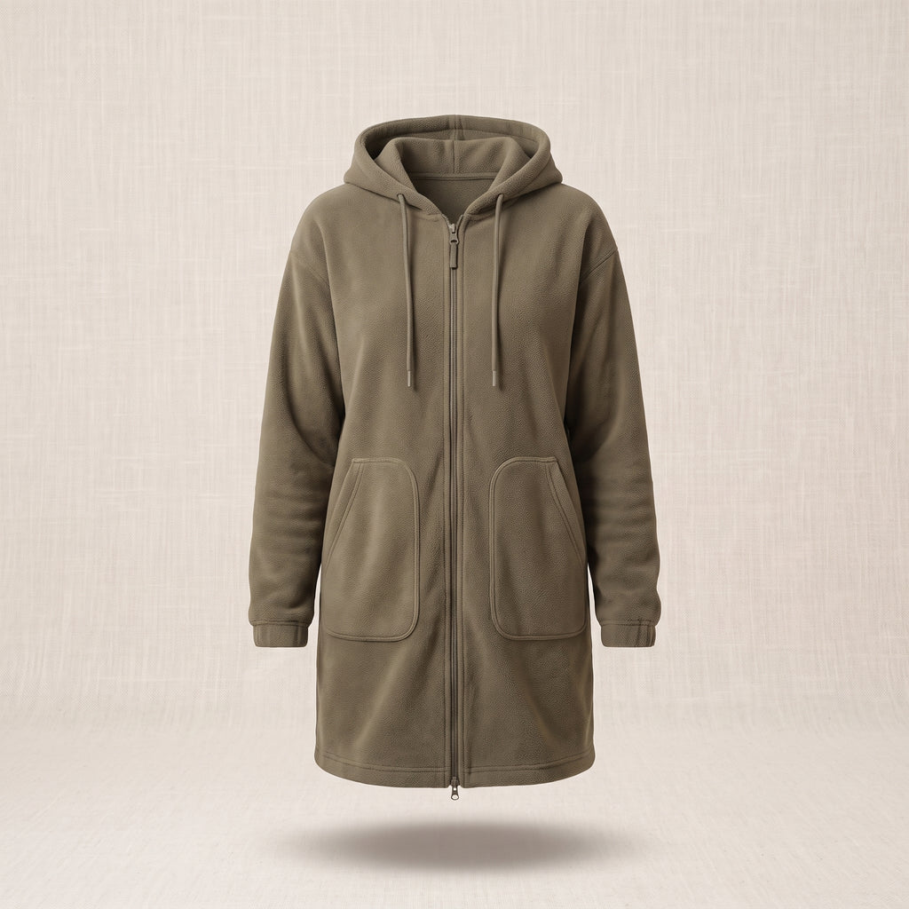 La veste a capuche longue vert kaki vue de face sur mannequin invisible