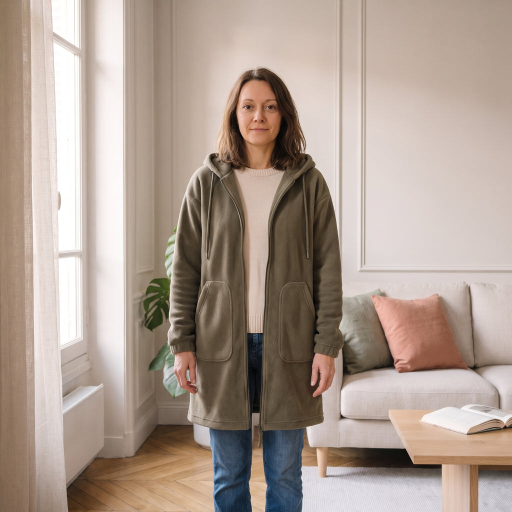 Veste a capuche longue zippee vert kaki portee ouverte dans un salon clair