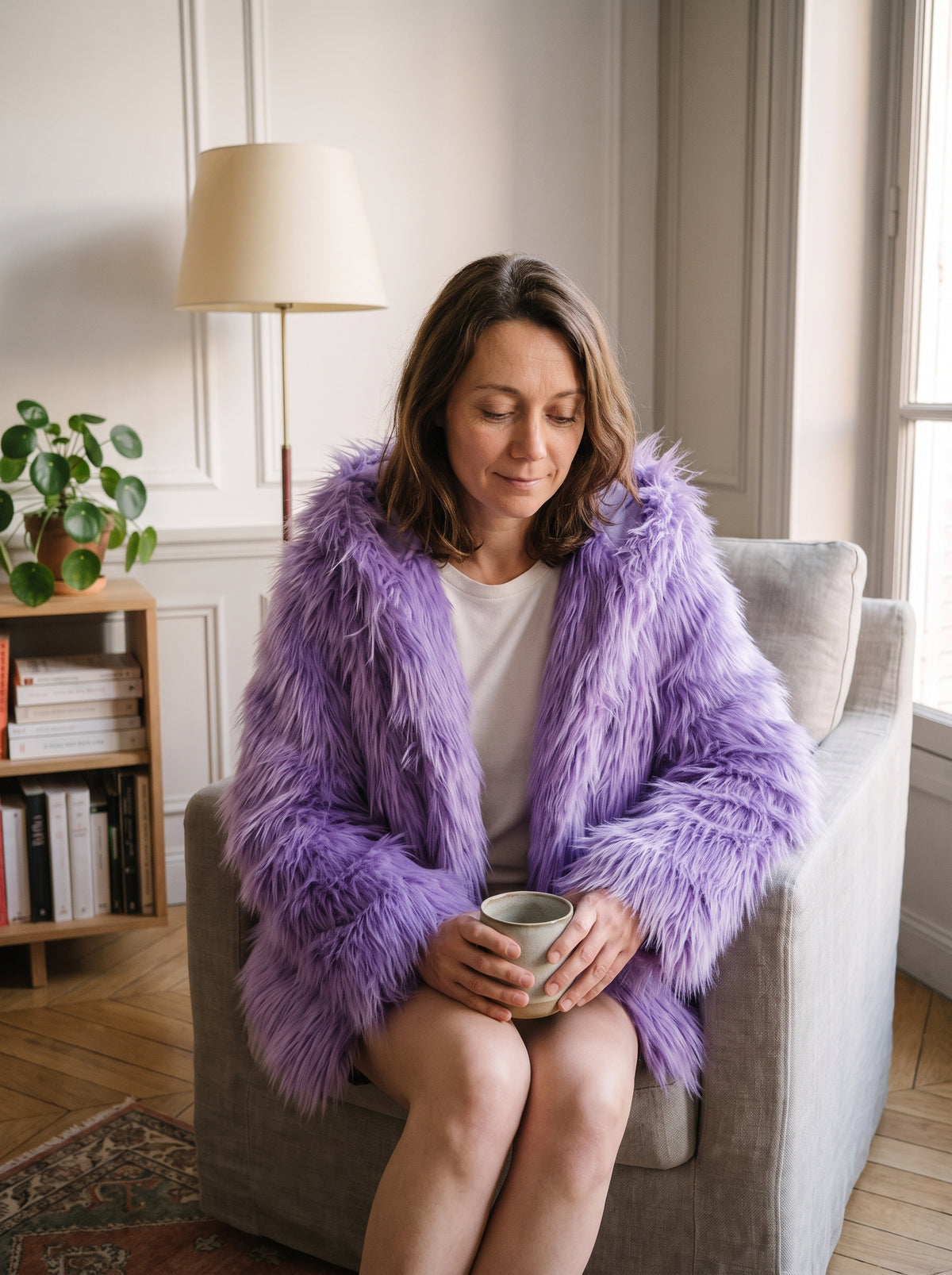 Femme du casting portant la veste à capuche poils longs violette dans le coin lecture