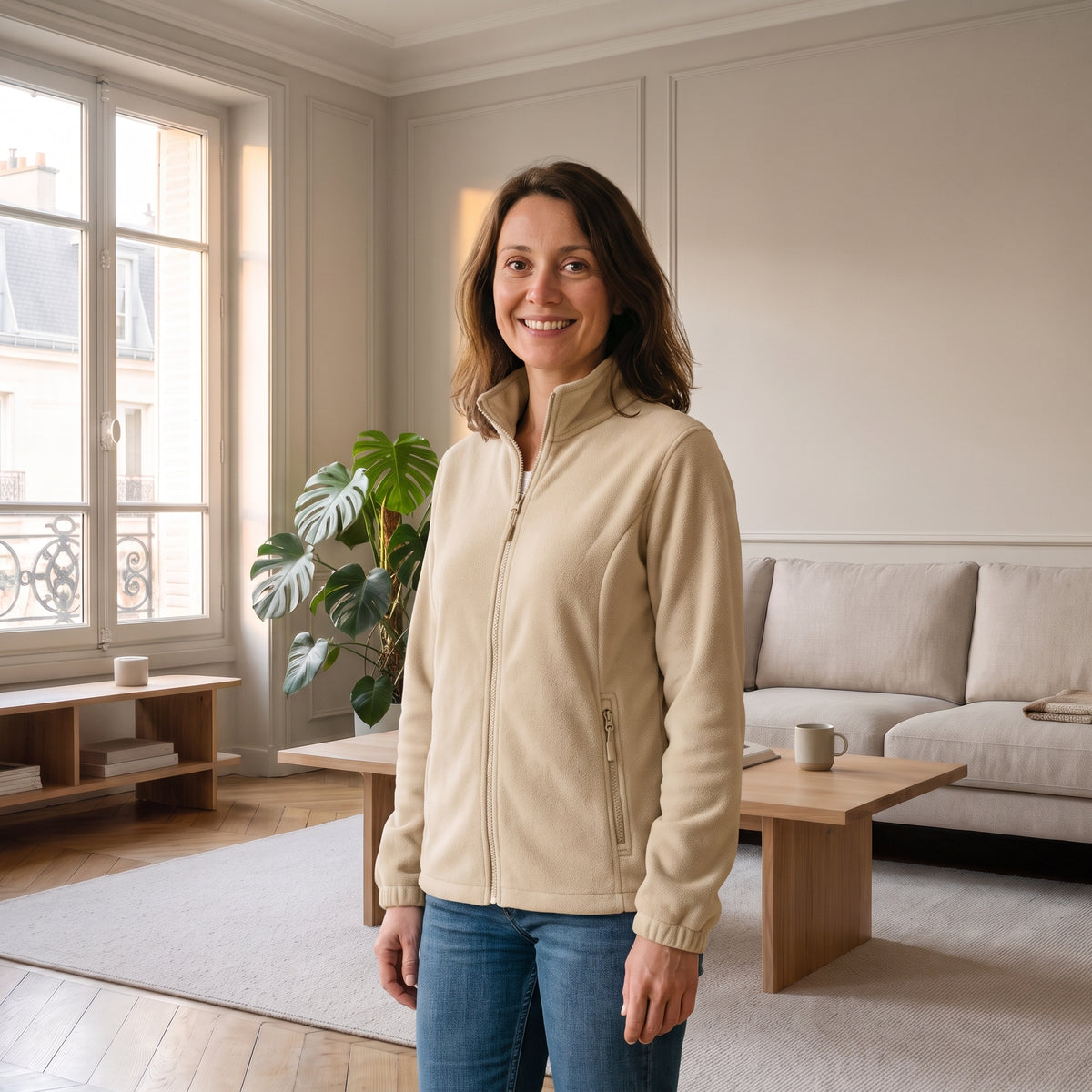 Femme portant la veste polaire beige dans un salon lumineux Image