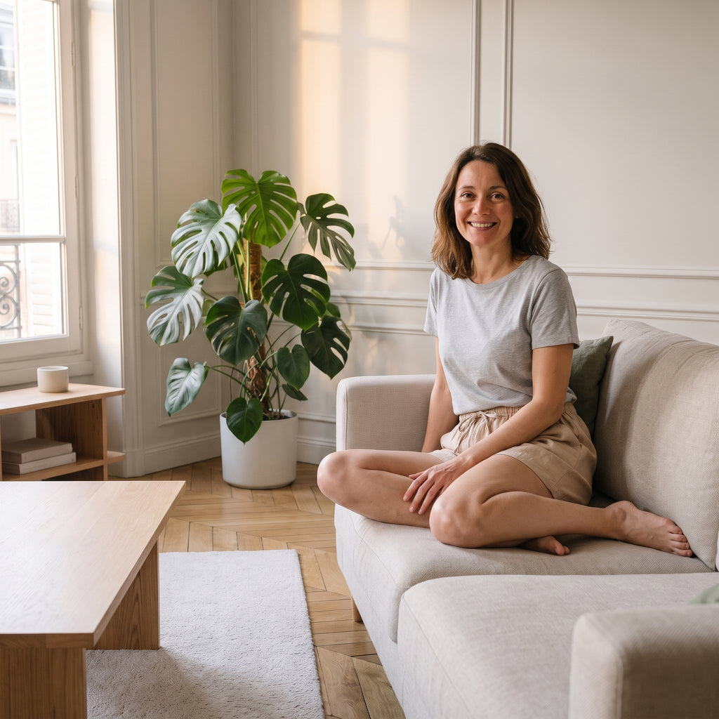 Femme assise sur le canapé d'un salon, en short en coton et lin beige
