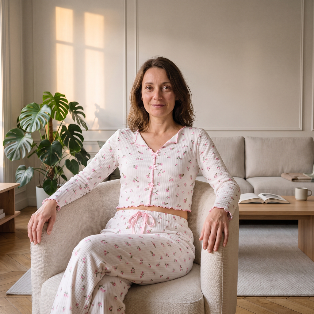 Femme portant le pyjama floral blanc assise dans un salon lumineux.