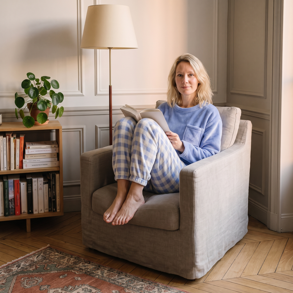 Femme lisant dans un fauteuil, genoux repliés, en pyjama en flanelle bleu à bas à carreaux.