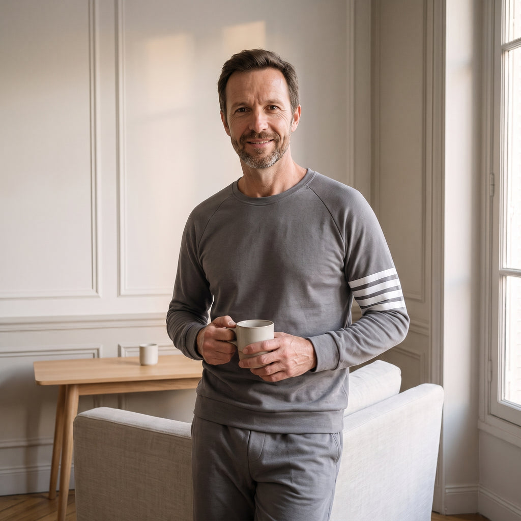 Homme du casting portant le pyjama homme gris en coton, cadré à mi-cuisse
