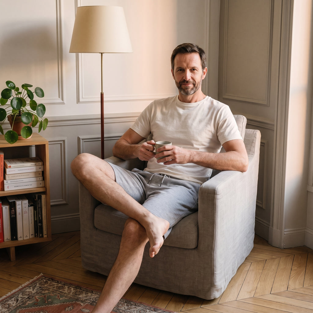 Homme assis dans un fauteuil de lecture en short bermuda gris chiné