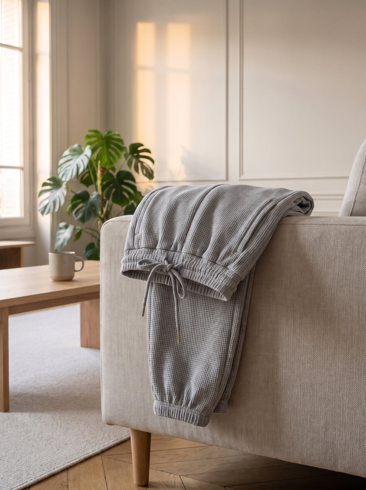 Pantalon de jogging gaufre gris clair plie sur l accoudoir d un canape