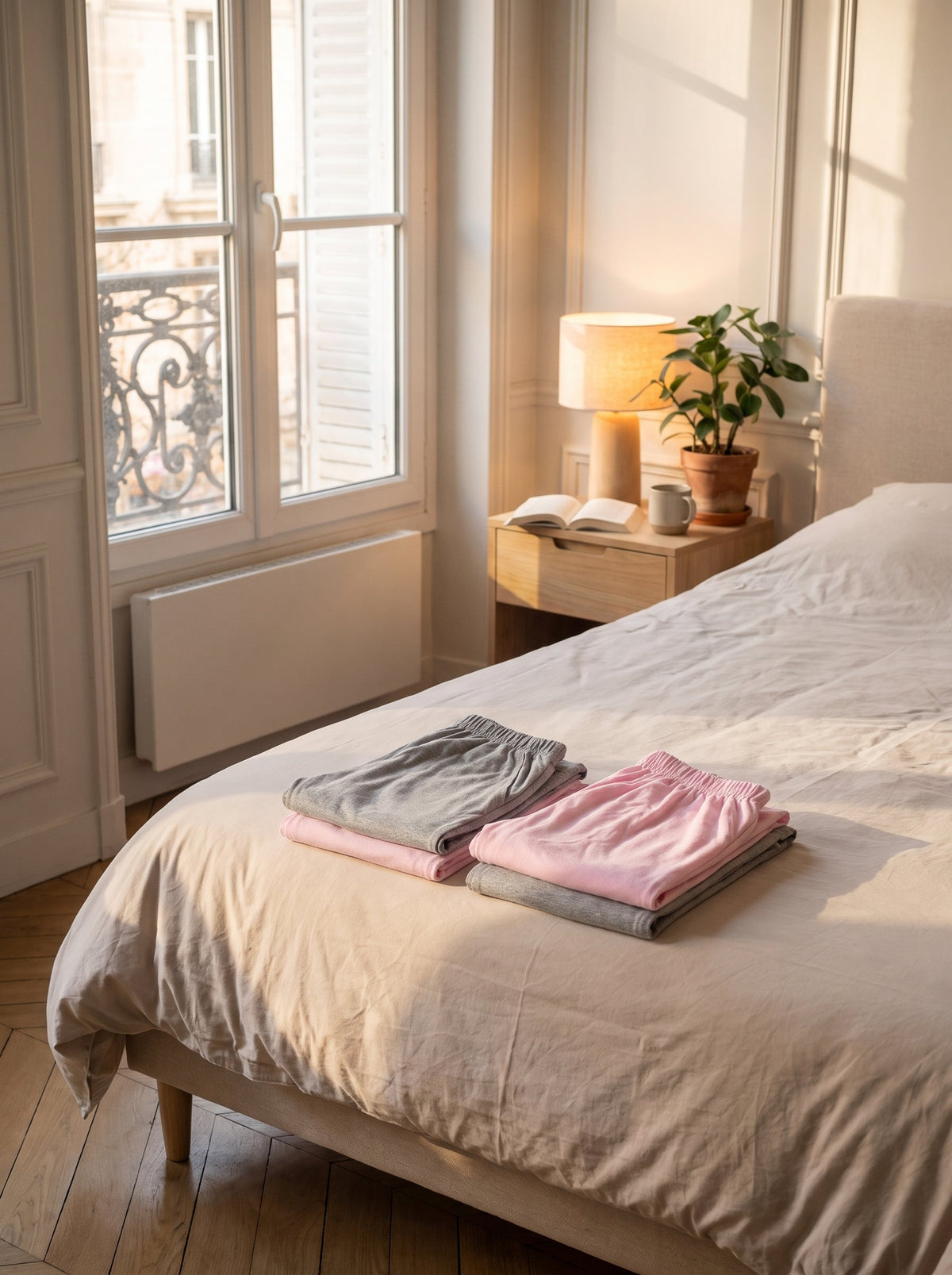 Deux bas de pyjama, gris chine et rose clair, plies l un sur l autre au pied du lit.