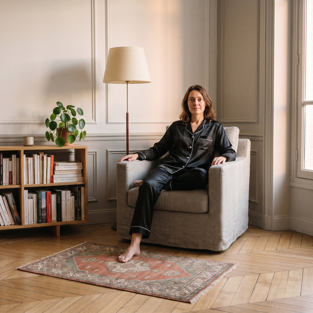 Femme du casting en pyjama satin noir, assise dans le coin lecture