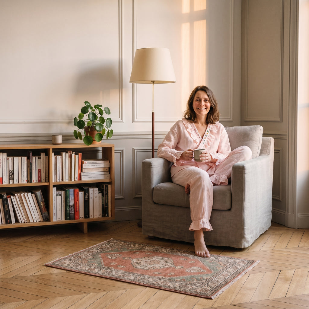 Pyjama en coton rose poudré porté dans un fauteuil de lecture