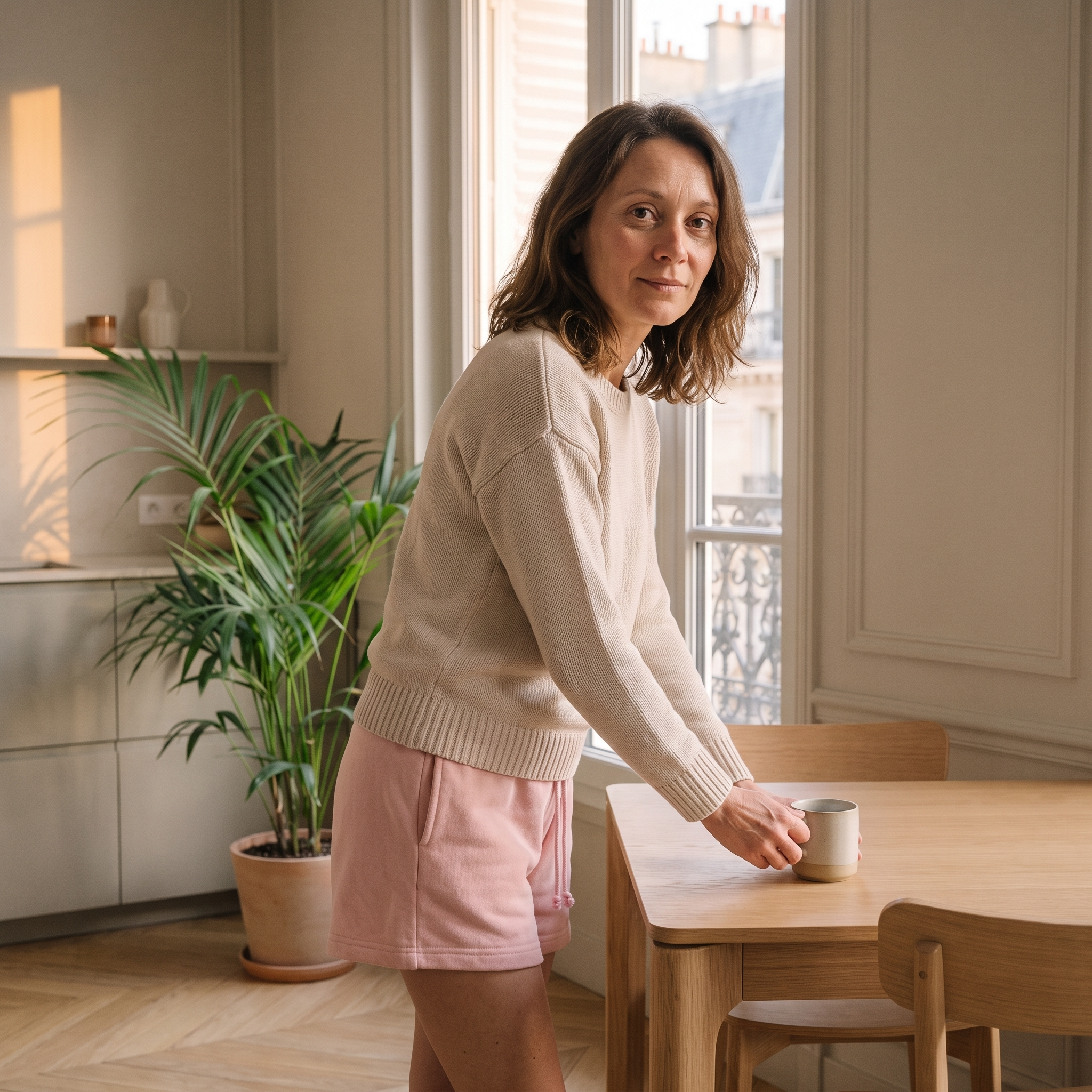 Visuel éditorial : Femme portant le short d’intérieur rose dans un coin repas lumineux. Image