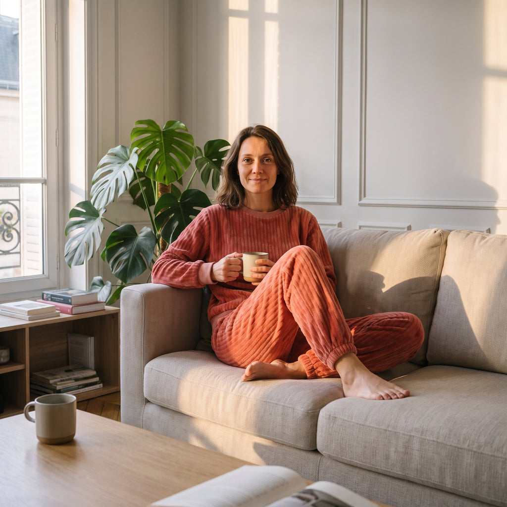 Femme assise sur un canapé, une tasse à la main, en pyjama en peluche côtelée rouge brique.
