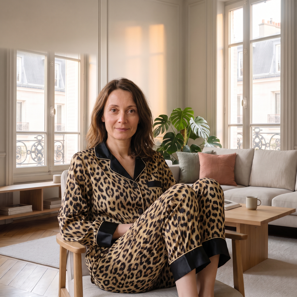 Femme portant le pyjama en satin léopard assise dans un salon lumineux.