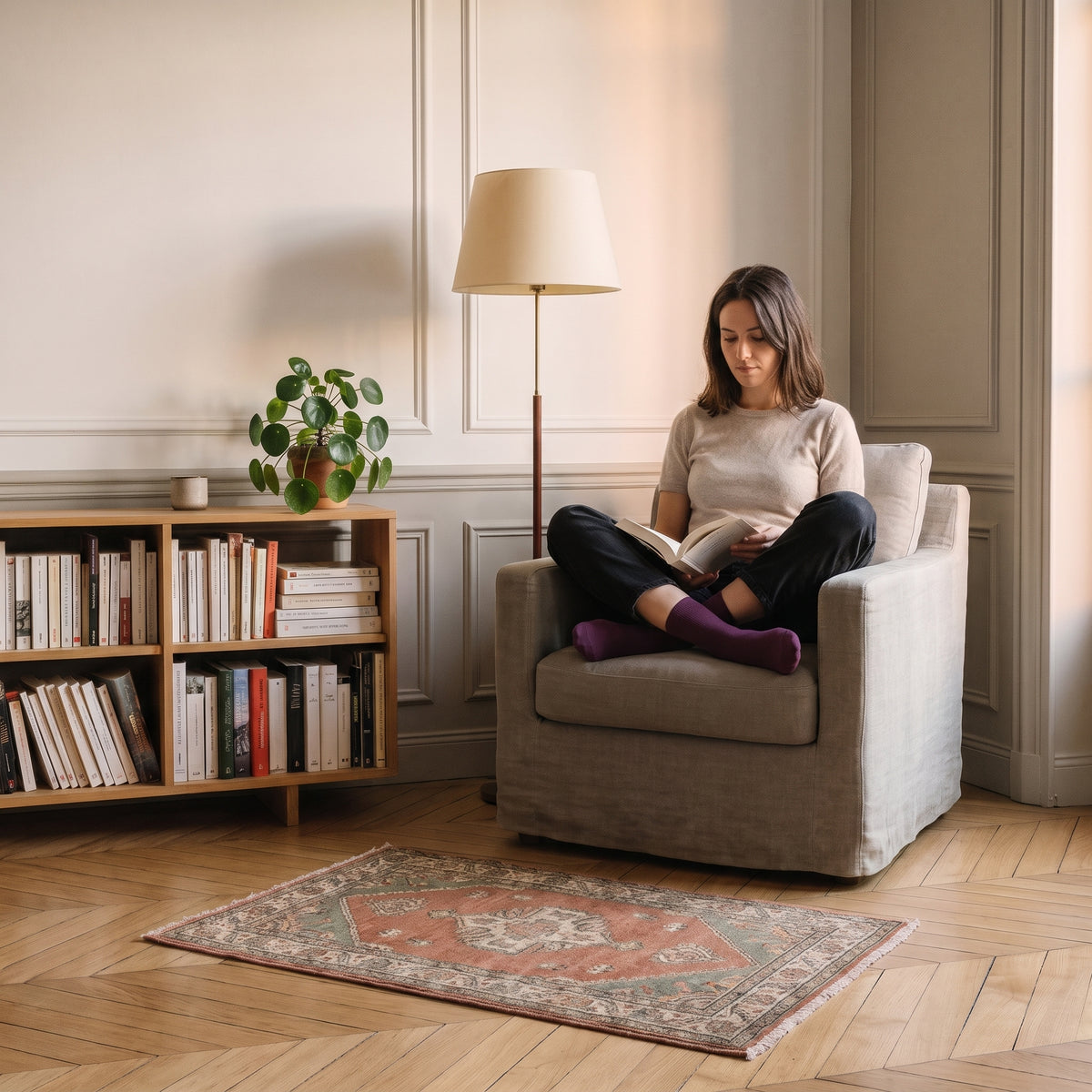 Chaussettes basses antiderapantes portees dans le fauteuil de lecture