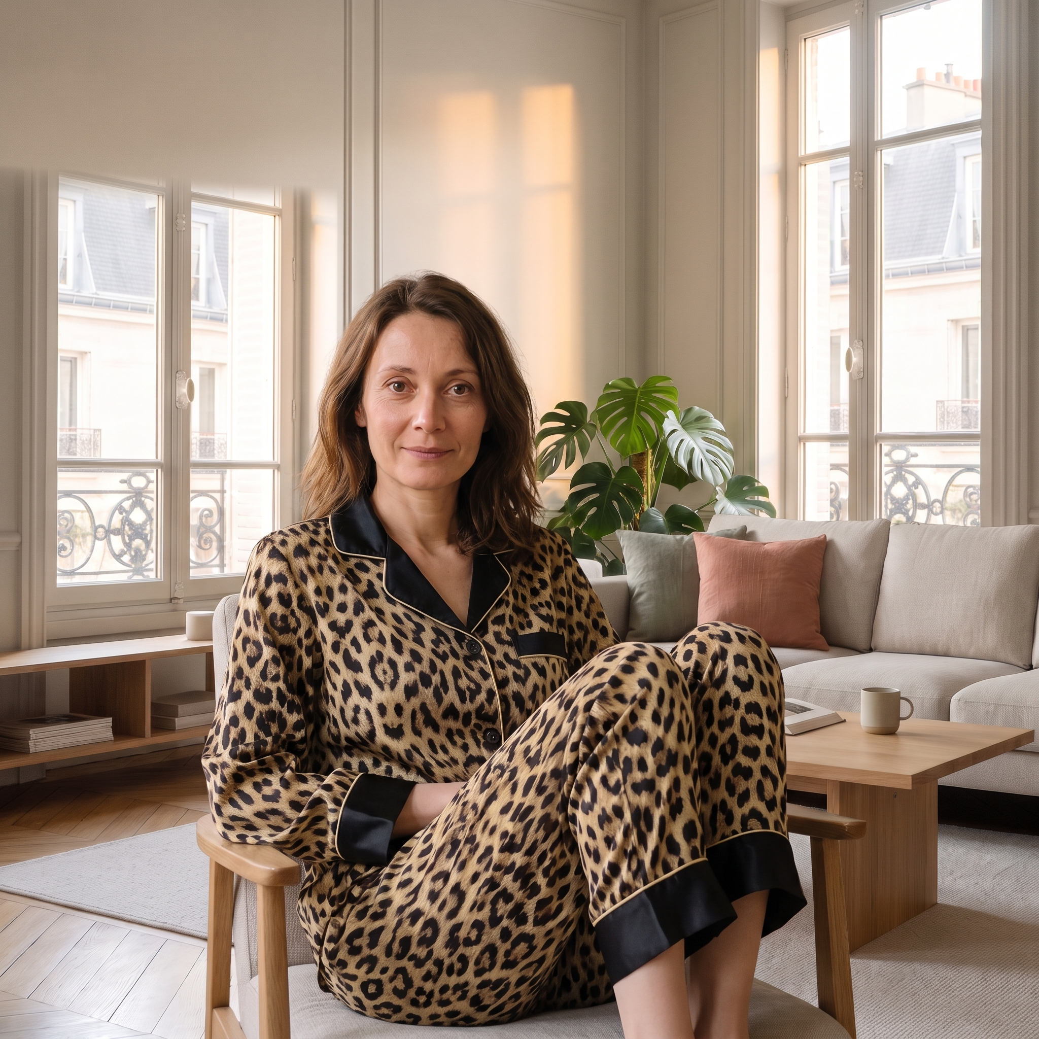 Femme portant le pyjama en satin léopard assise dans un salon lumineux. Image