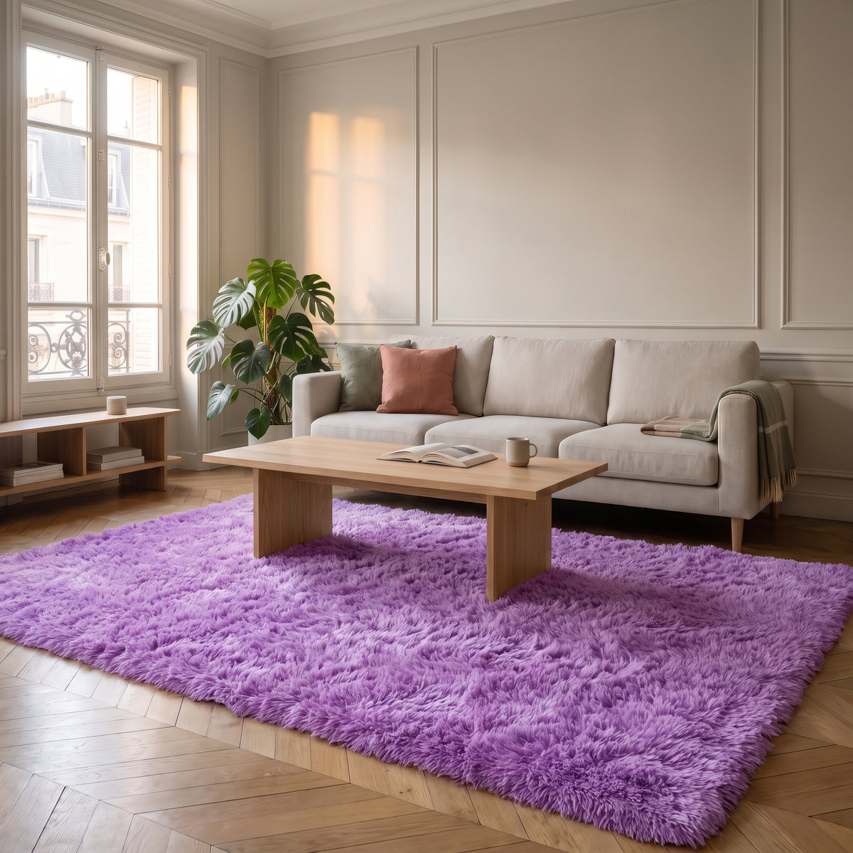 Tapis en fausse fourrure violet étendu dans un salon clair devant un canapé