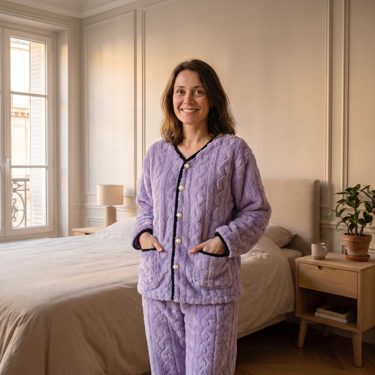 Femme portant le pyjama violet torsadé dans une chambre claire