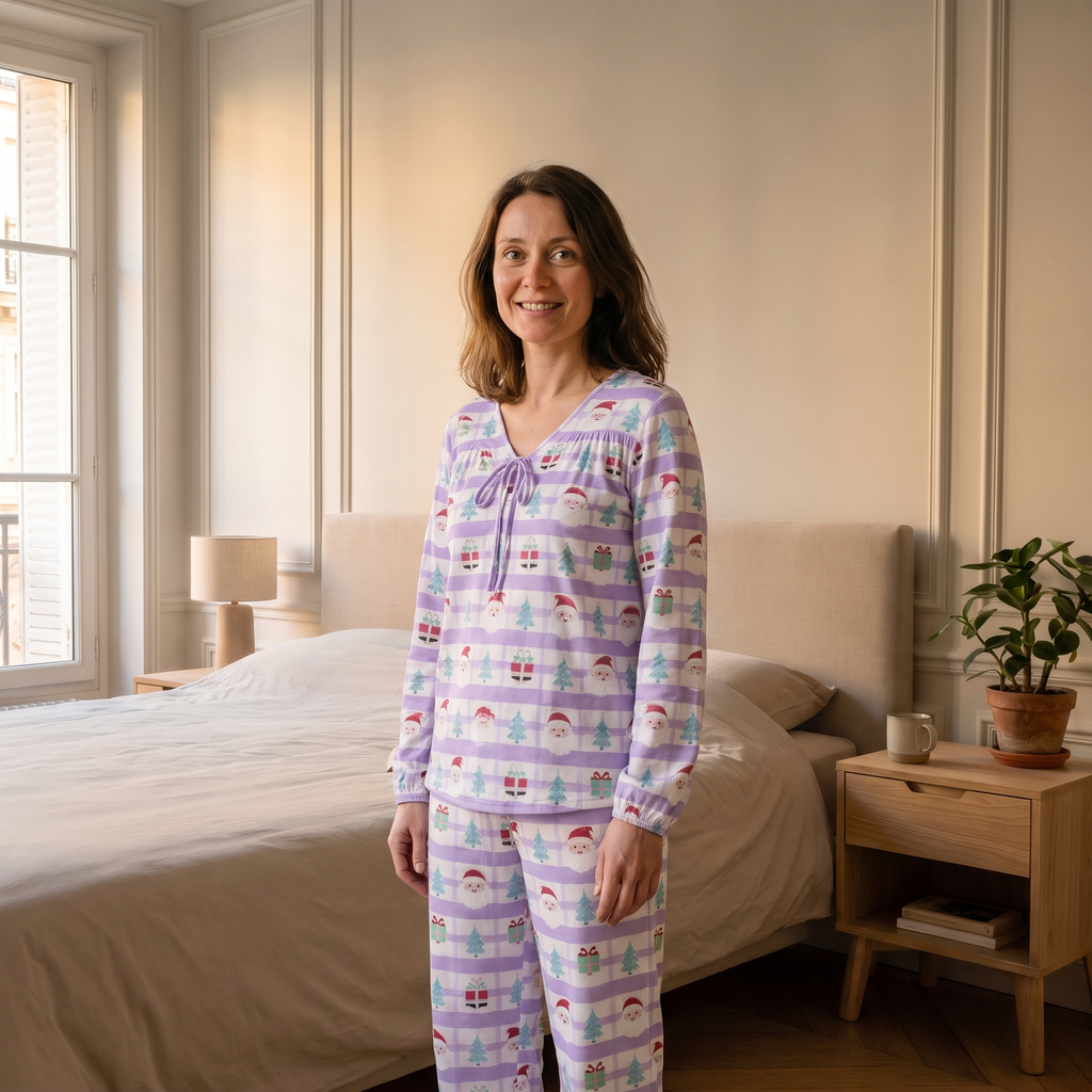 Pyjama de Noël femme violet pastel porté dans une chambre lumineuse