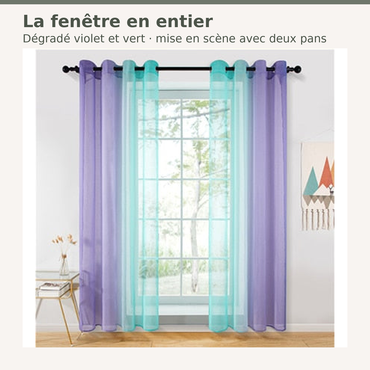 Rideau transparent dégradé violet et vert devant une fenêtre entière, présenté avec deux pans Image