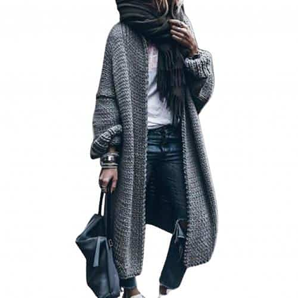 Cardigan long femme gris détouré sur fond blanc
