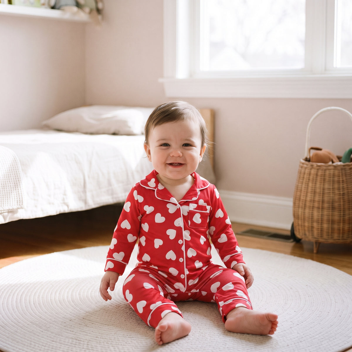 Bébé portant la combinaison pyjama rouge à cœurs blancs dans sa chambre